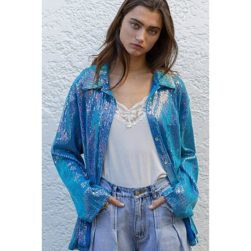 Life's a Party Sequin Button-Up Shirt in Ocean Blue - Picture 8 of 11